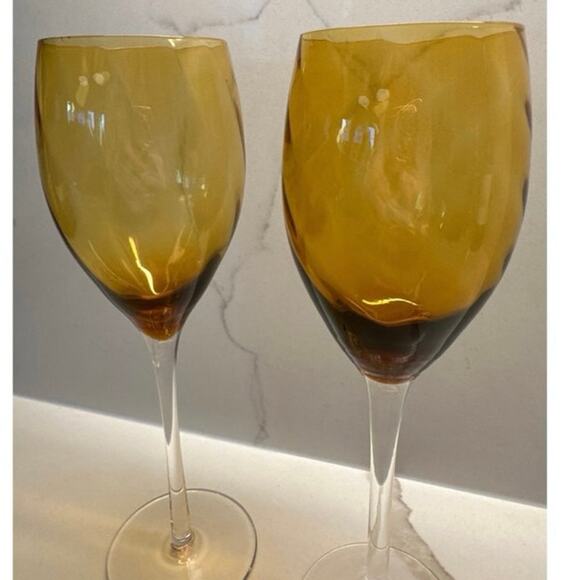 Set of 6 Amber Optic Swirl Wine Glasses Clear Stems 9" Tall Blown Glass 10 oz - Picture 2 of 6